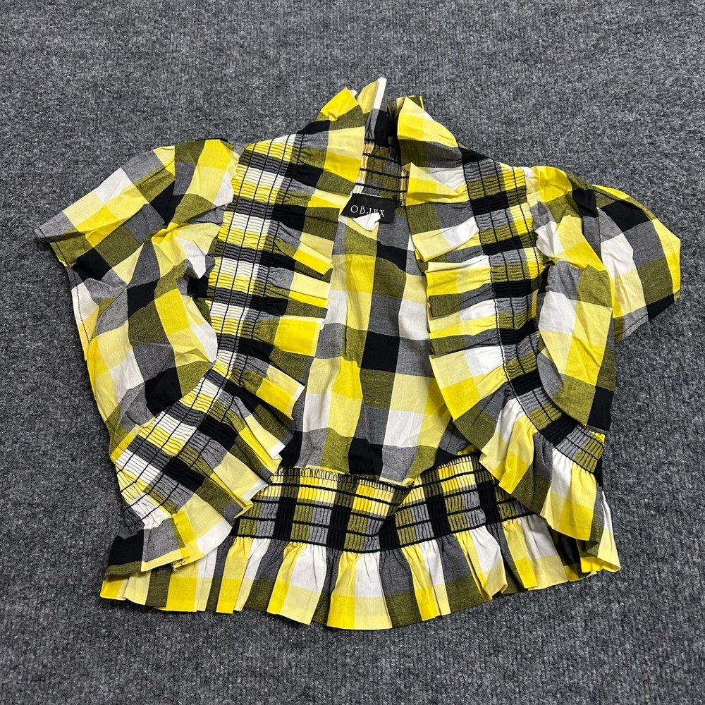 Objex Crop Top Womens Large Yellow Plaid Smocked Ruffle Short Sleeve USA Made